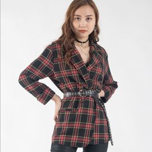 Black Plaid Open Front Long Sleeve Light Blazer